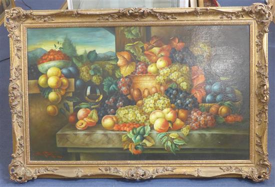 17th Century Dutch Style Still life of fruit on a stone ledge, 26 x 44in.